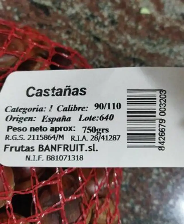 Castañas nutrition facts table