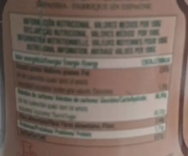 Sirope sabor chocolate nutrition facts table