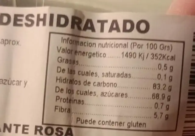 Arándanos deshidratados nutrition facts table