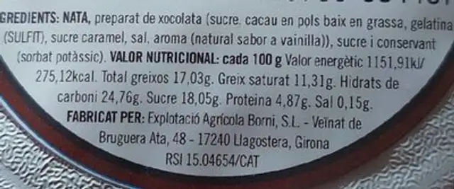 Mousse de xoxolata l'EIXETIT nutrition facts table