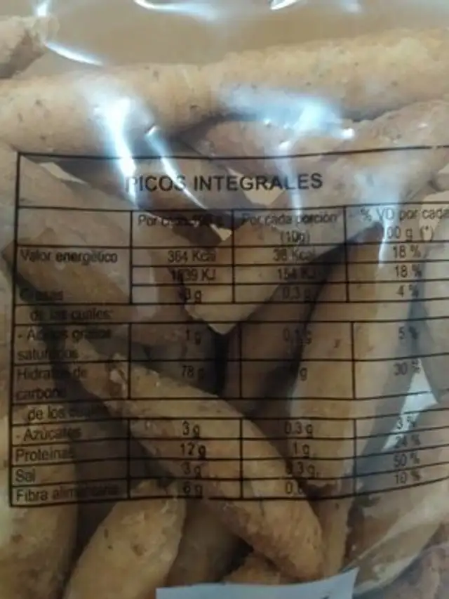 Picos artesanos integrales nutrition facts table