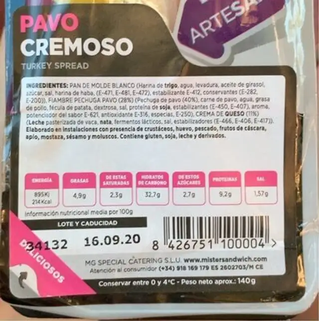 sandwich pavo cremoso nutrition facts table