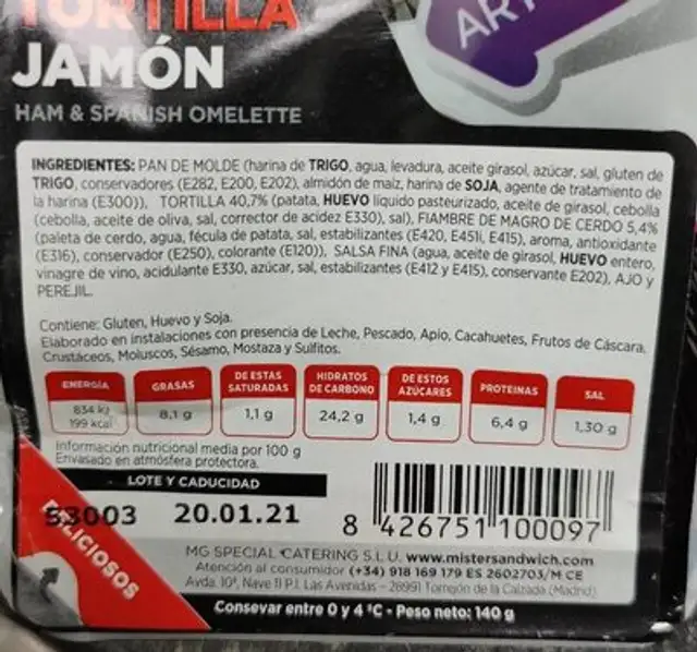 Mister Sandwich nutrition facts table