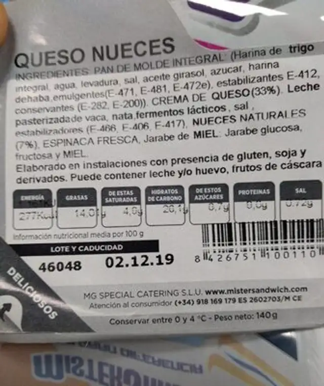 Sandwich queso con nueces nutrition facts table