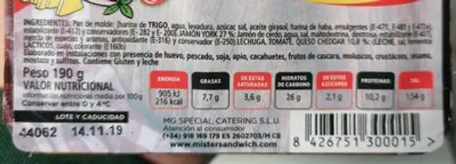 Jamón York & Cheddar nutrition facts table