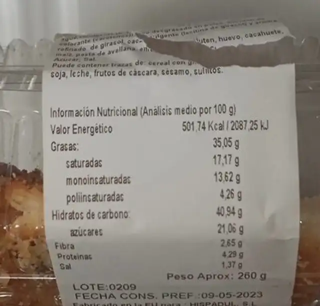 Triángulos Nutela nutrition facts table