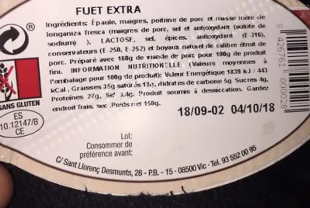 Fuet ingredients label