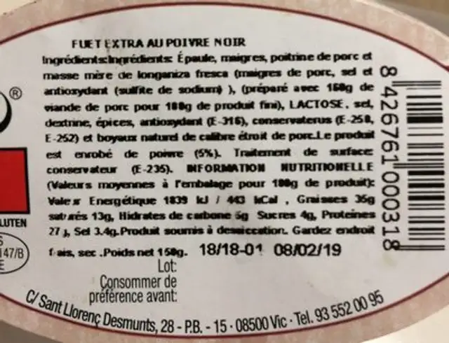 Fuet au poivre de Cabanad ingredients label