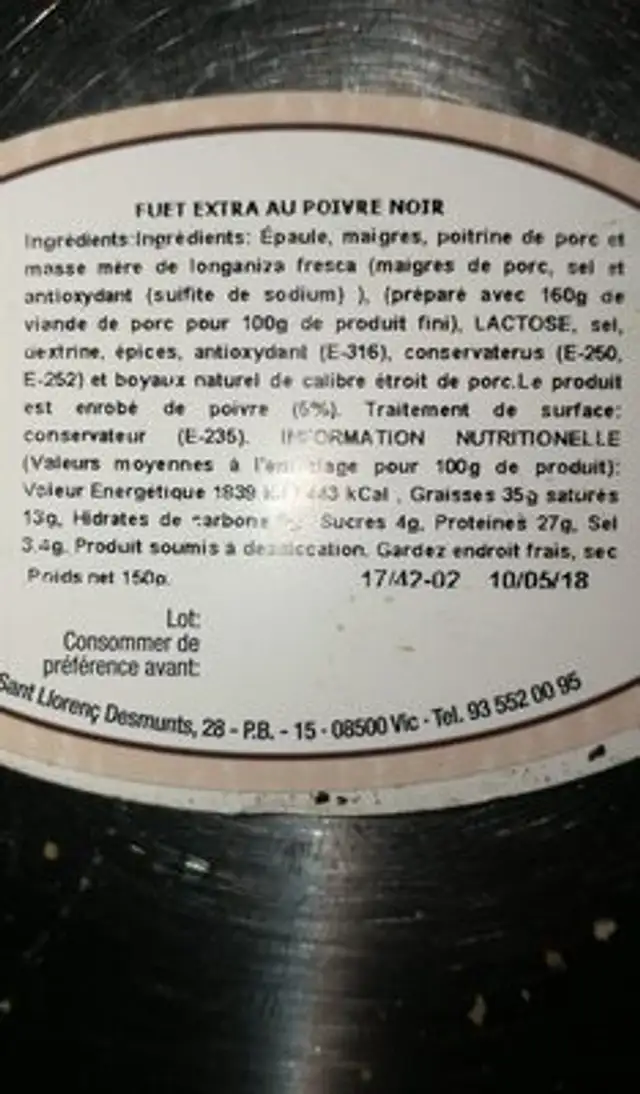 Fuet extra au poivre noir ingredients label