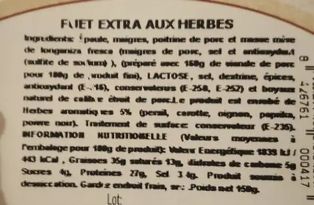 Fuet extra aux herbes ingredients label