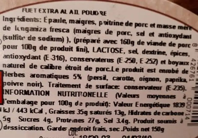 Fuet extra Ail ingredients label