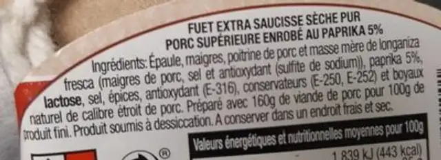 Fuet extra ingredients label