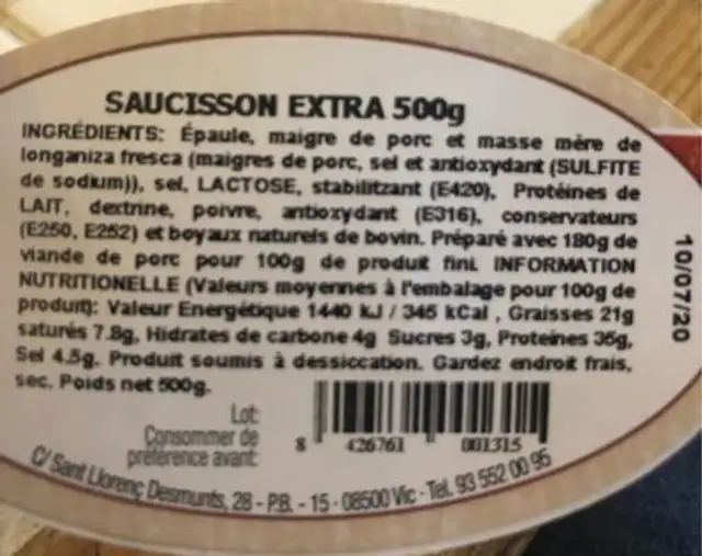 Saucisson Cabanas nutrition facts table