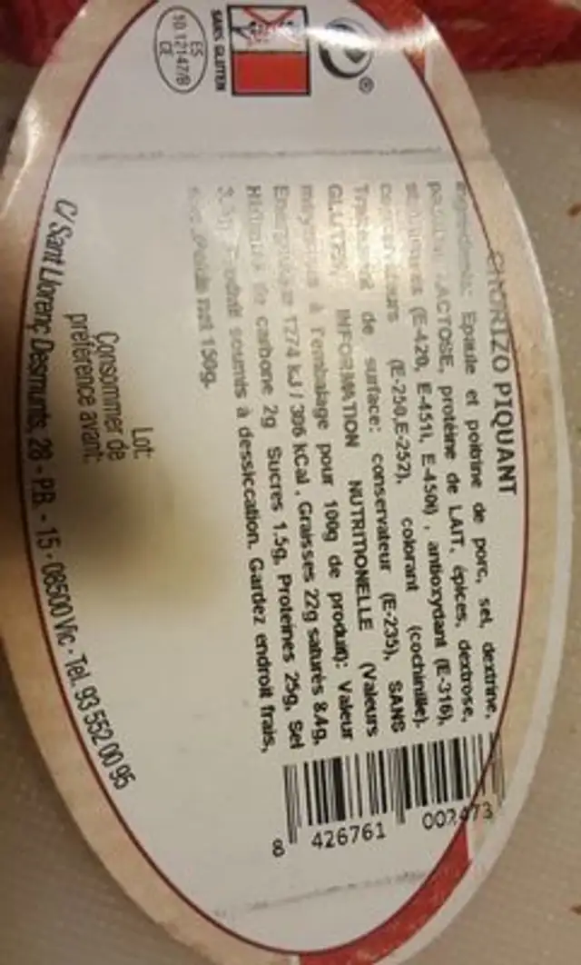Chorizo piquant ingredients label