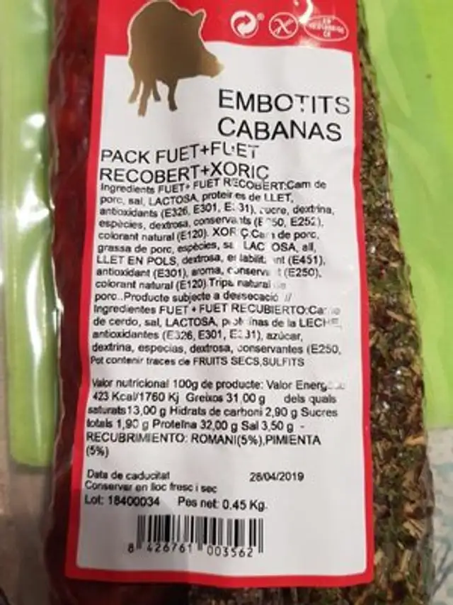 Fuet ingredients label
