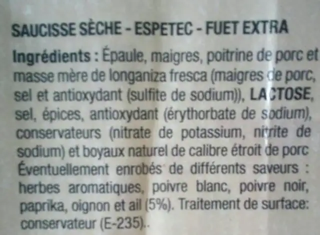 Saucisse sèche Fuet ingredients label
