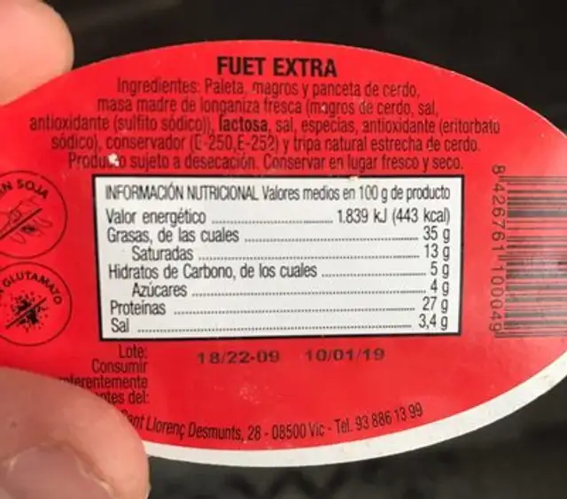 Fuet extra ingredients label