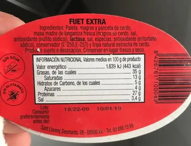 Fuet extra nutrition facts table