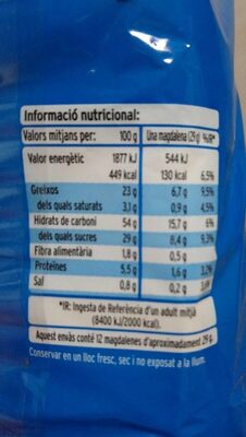 Magdalenes a l'estil Valencianes nutrition facts table