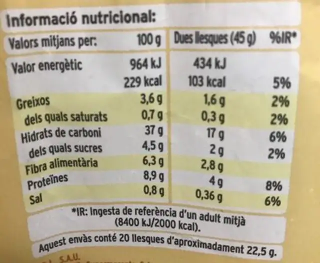 Pa de motlle integral sense crosta nutrition facts table