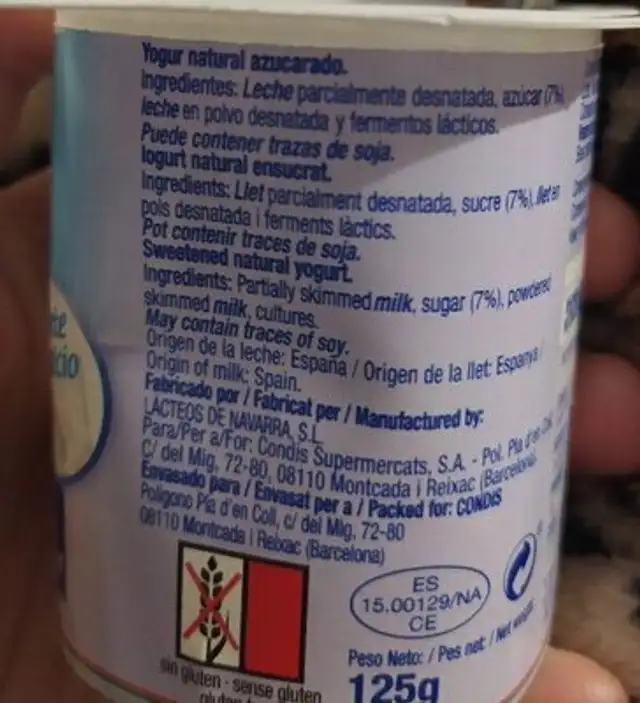 Iogurt azucarado ingredients label