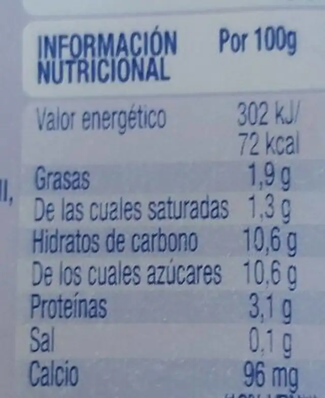Iogurt azucarado nutrition facts table