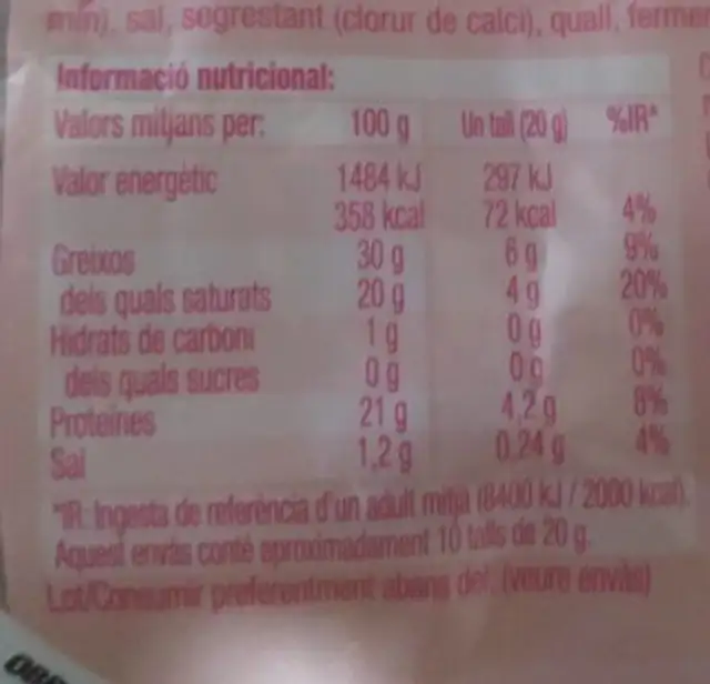 La formatgeria nutrition facts table