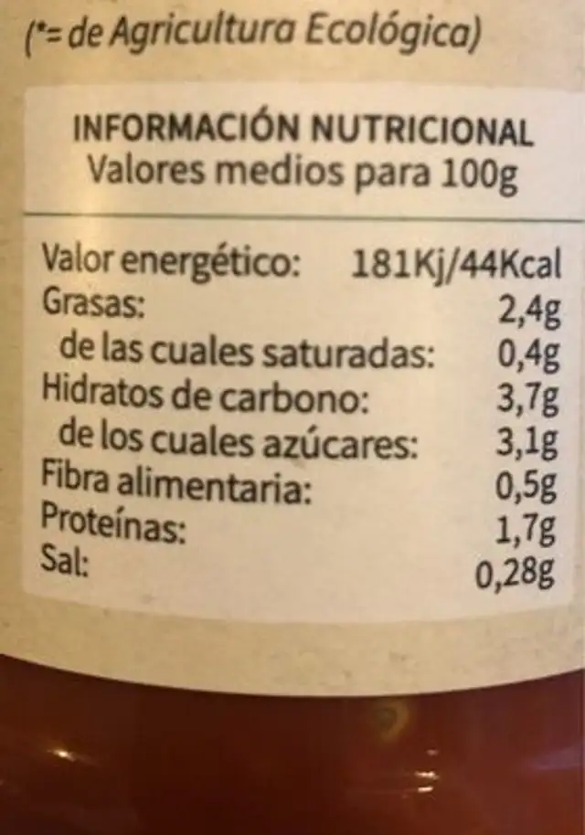 Tomate frito ecológico nutrition facts table