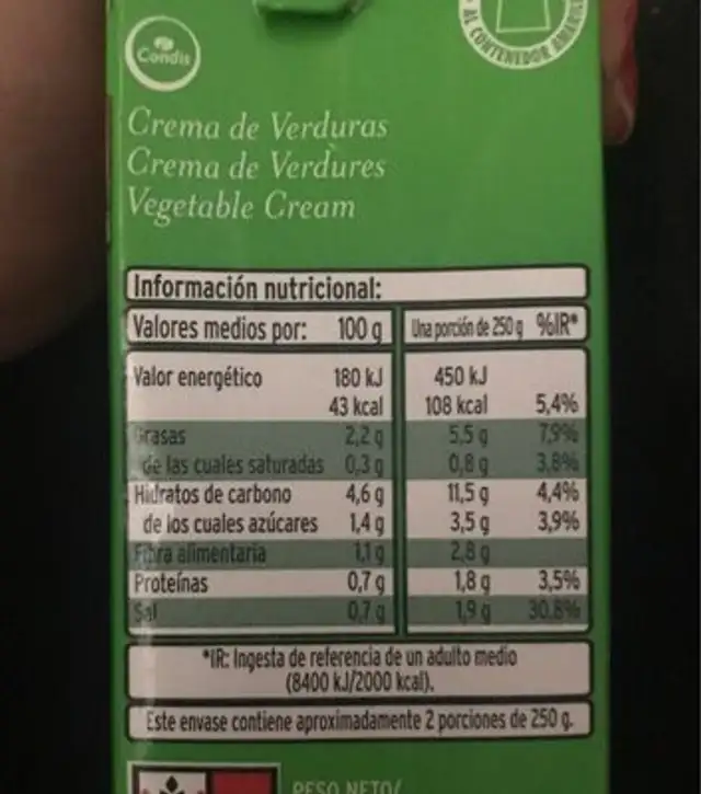 Crema de verduras nutrition facts table
