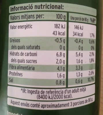 Alcachofas troceadas nutrition facts table