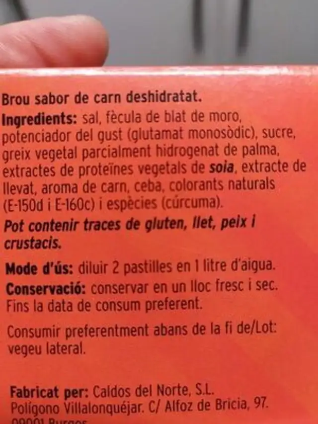 Brou sabor de carn ingredients label