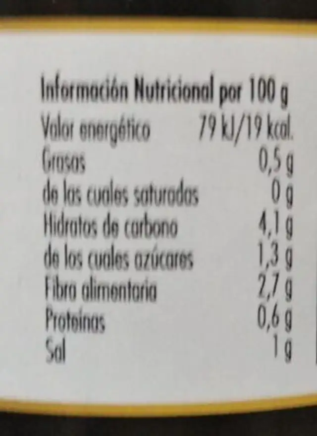 Robellón nutrition facts table