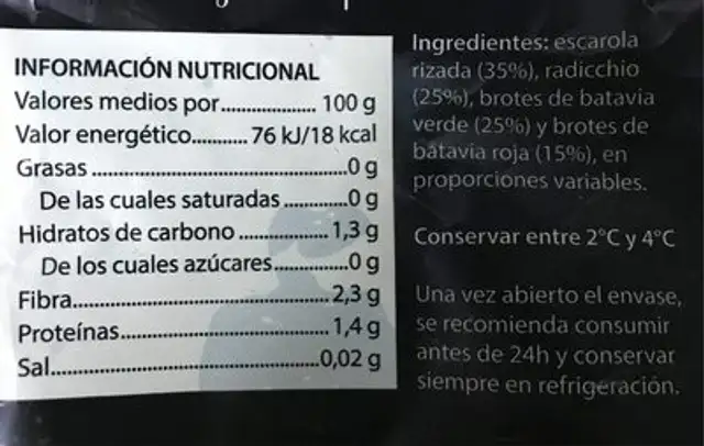 Ensalada nutrition facts table