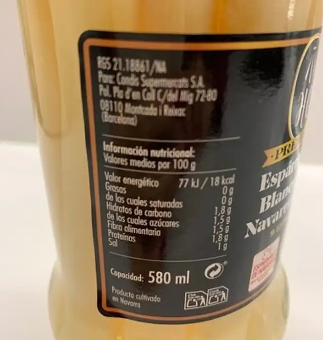 Esparragos blancos nutrition facts table