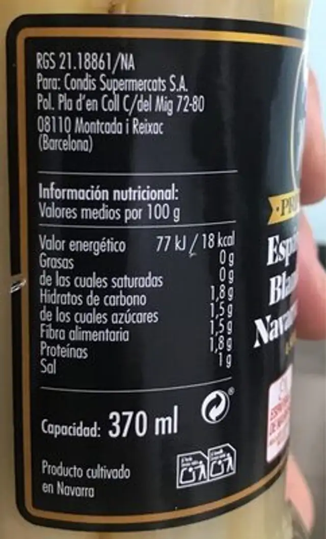 Esparragos blancos de Nabarra nutrition facts table
