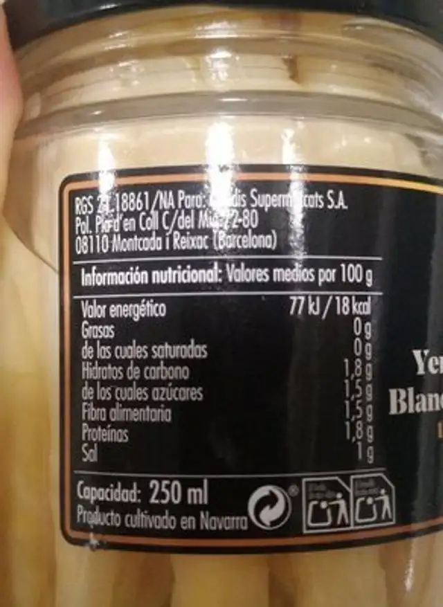 Yemas de espárragos blancos nutrition facts table