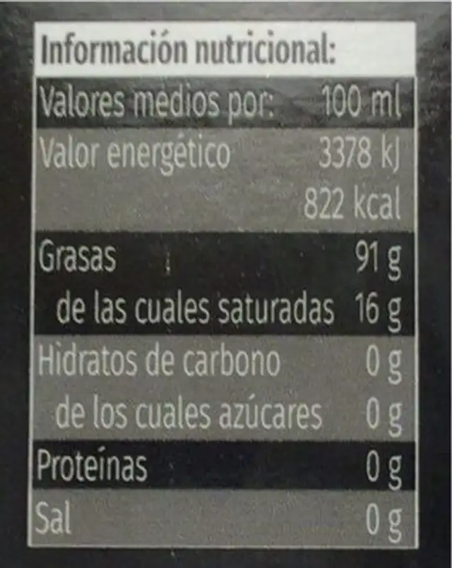 Aceite de oliva virgen extra nutrition facts table