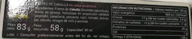 Filetes de caballa en salsa picantona nutrition facts table
