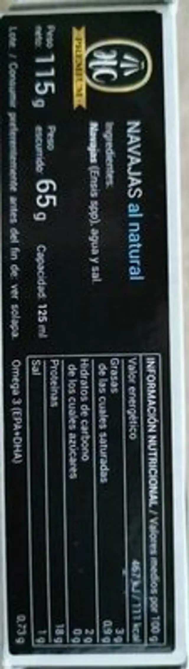Navajas al natural nutrition facts table