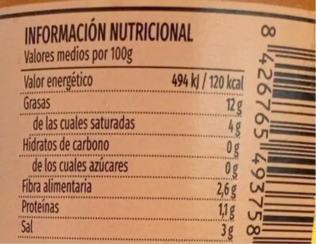 Aceitunas verdes Gordal deshuesadas nutrition facts table