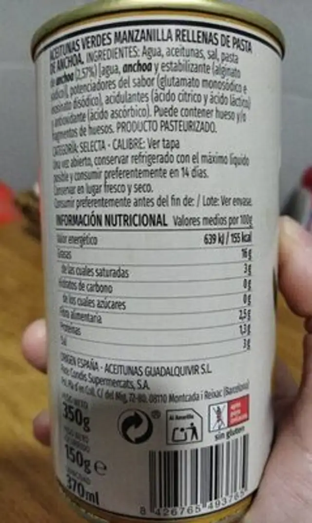Aceitunas verdes gran tamaño rellenas de anchoas nutrition facts table