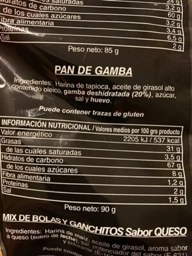 Pan de Gamba ingredients label