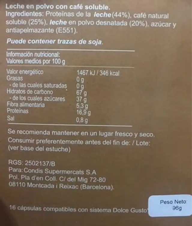 Cortado Premium nutrition facts table