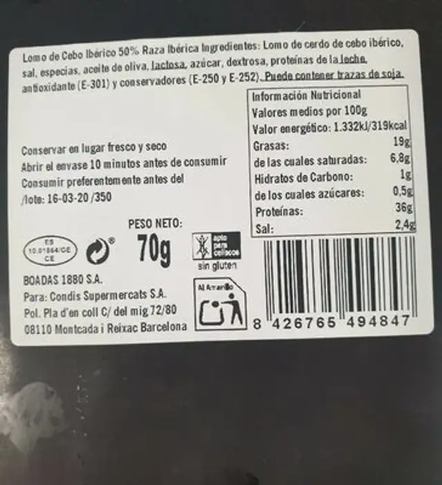 Lomo de cebo ibérico nutrition facts table
