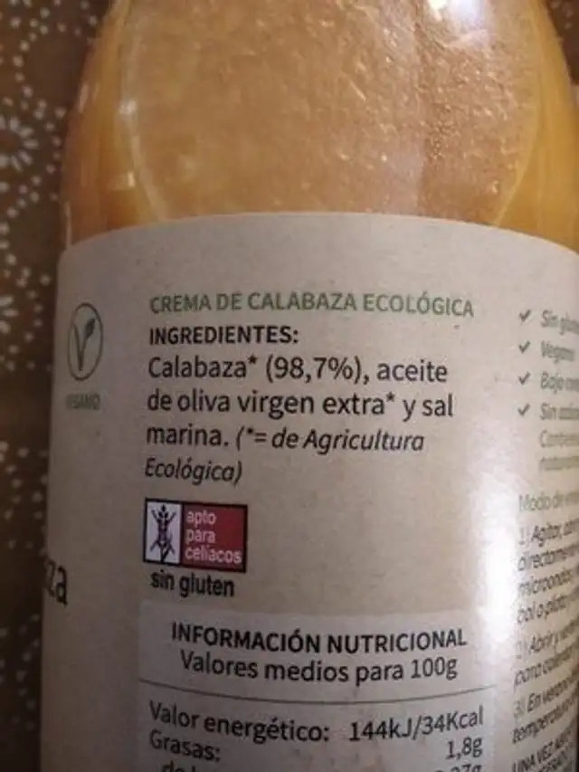 Crema de calabaza ecológica ingredients label