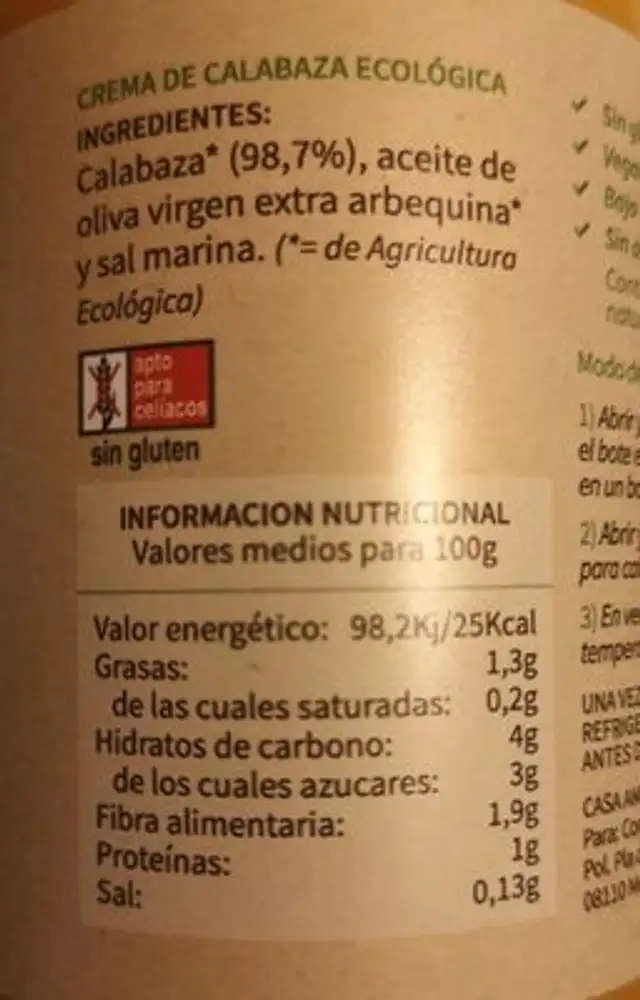 Crema de calabaza ecológica nutrition facts table
