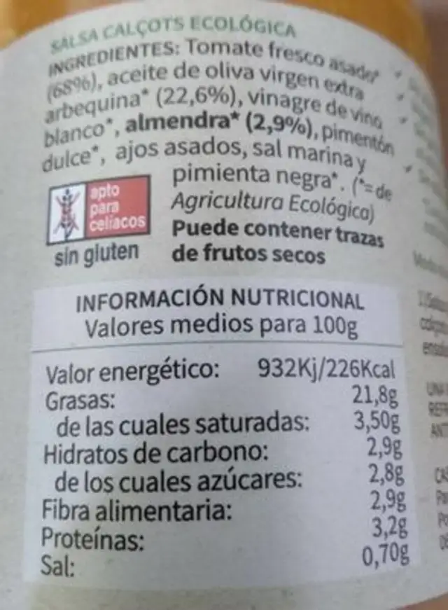 Salsa Calçots ecológica nutrition facts table