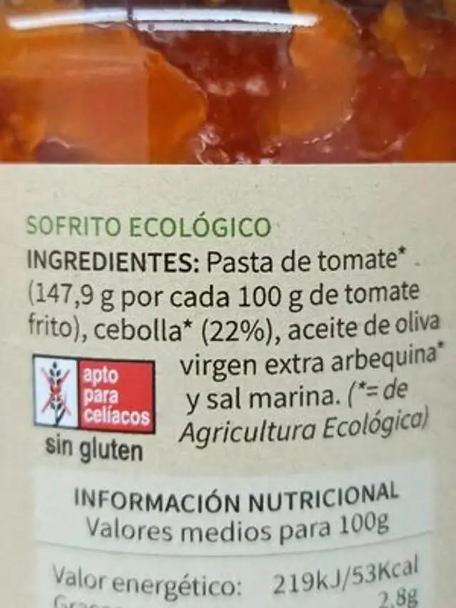 Sofrito ecológico ingredients label
