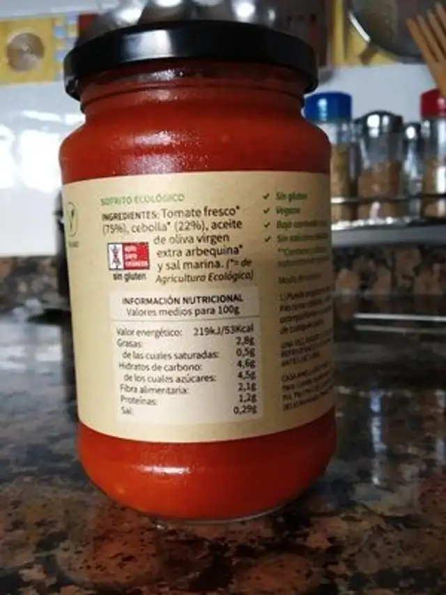 Sofrito ecológico nutrition facts table