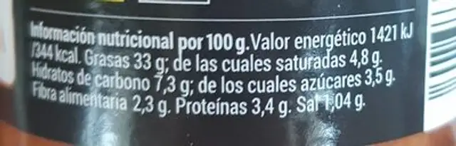 Xató nutrition facts table